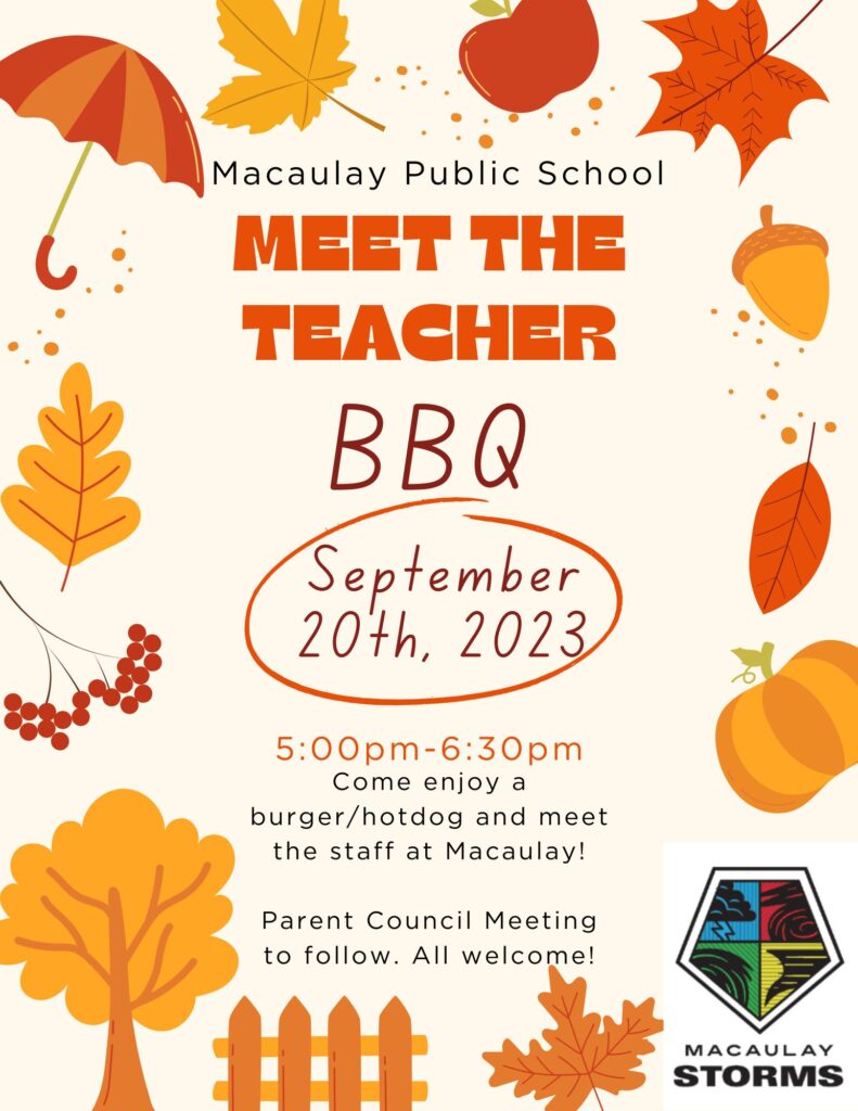 Join us for a welcome back BBQ! On September 20th, from 5:00-6:30pm come meet the teachers! There is a parent council meeting following the BBQ. Any new parent council members are welcome!